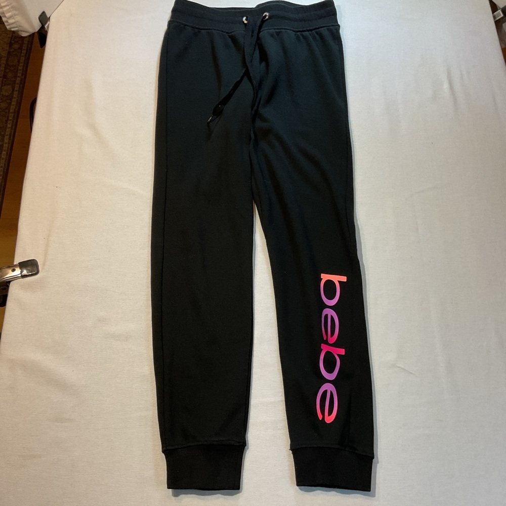 BeBe Sport Black Sweat Pants w/Pink/Purple Ombre, Size S Drawstring Fitted Ankle
